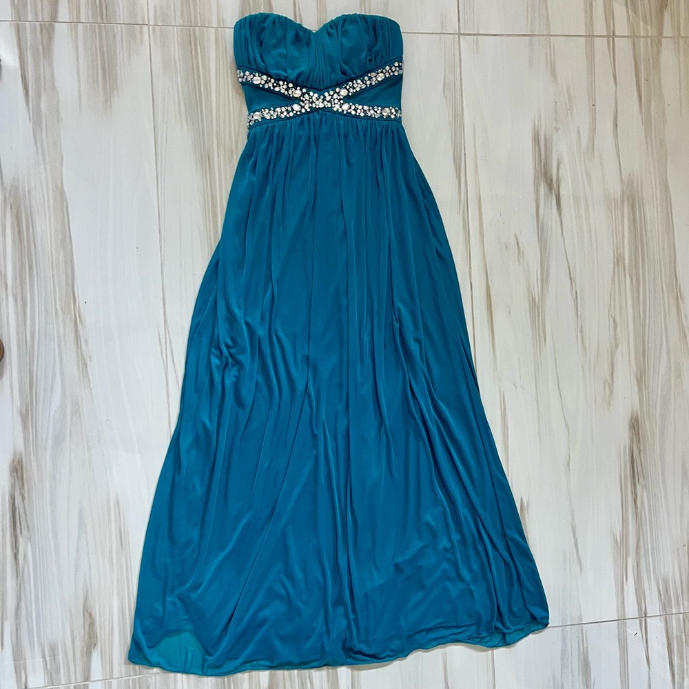 Trixxi Teal Strapless Gown with Embellished Bodice